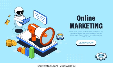 Robot holding laptop near megaphone, coins, and bar chart on digital screen, in isometric style on blue background. Concept of digital marketing. Vector illustration