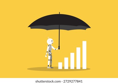 Roboter, der einen großen Schirm über einem aufsteigenden Balkendiagramm hält, der finanziellen Schutz, Sicherheit und stabiles Wachstum der KI symbolisiert