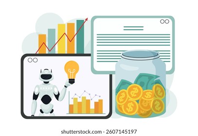 Robot holding light bulb on screen, charts and graphs, money in jar, and web documents on white background, concept of AI in finance and innovation. Vector illustration