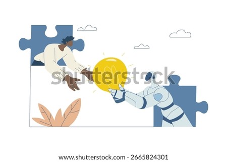 Robot holding a light bulb presents an idea to a man through a jigsaw puzzle, Human and Artificial intelligence collaboration in innovation, AI support for work, Flat vector design illustration.
