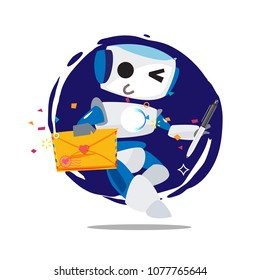 Robot holding love letter and pen. ropot with love - vector illustration