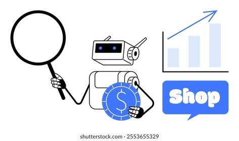 Robot holding a magnifying glass and currency symbol, with a growth chart and shop icon. Ideal for e-commerce, market analysis, financial services, online shopping, AI technology. Minimalist vector