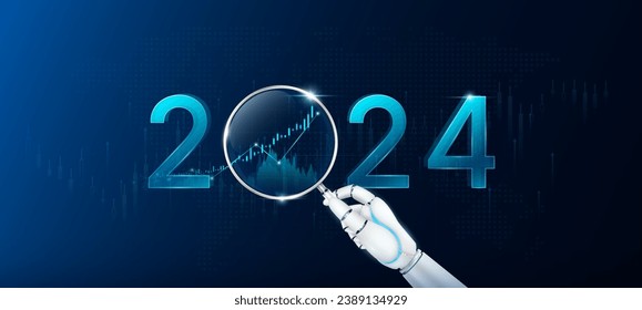 Robot holding magnifying glass look chart stock market growth 2024. Analysis candlestick with AI technology up trend of graph. Planning business strategy financial investment. Vector EPS10.