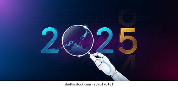 Robot con lupa de cristal de aumento gráfico crecimiento del mercado de valores 2025. Análisis de candlestick con tecnología de IA arriba tendencia de grafo. Planificación de la inversión financiera de la estrategia empresarial. EPS10 vectores.