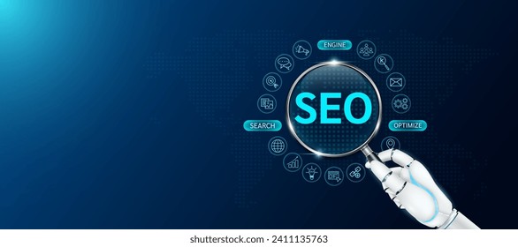 Robot holding magnifying glass look letter SEO blue with icons. Search, Engine, Optimize. Sustainable corporation development and planning business strategy. Space for text banner. Vector.