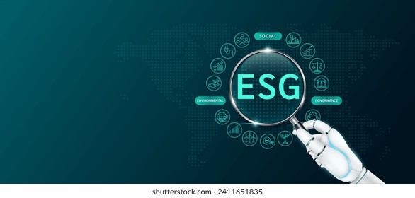 Robot holding magnifying glass look letter ESG green with icons. Environmental, social, governance. Sustainable corporation development and planning business strategy. Space for text banner. Vector.