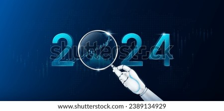 Robot holding magnifying glass look chart stock market growth 2024. Analysis candlestick with AI technology up trend of graph. Planning business strategy financial investment. Vector EPS10.