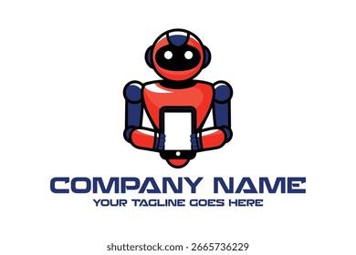 A robot holding a mobile device, perfect for brands in technology, software, AI, or innovative services Logo design template