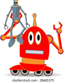 Robot holding robot on wheels colorful and bright
