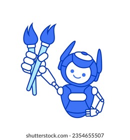 Robot holding paint brush vector illustration. Cartoon robot character mascot