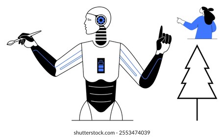 A robot holding a pen, poised as if drawing. To the side, a person points upwards and a simple tree outline is visible. Ideal for technology, AI, creativity, innovation, digital art. Clean, modern