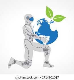 Robot que sostiene el planeta Tierra con dos hojas verdes, vector