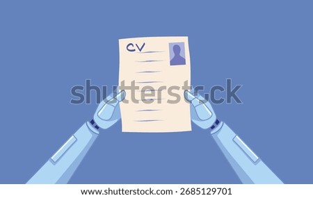 
Robot Holding a Resume Doing HR Work Vector Illustration. Recruitment process based on automated process and ai 
