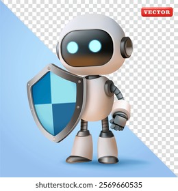 Robot holding shield, 3d vector. Suitable for technology, protection and security