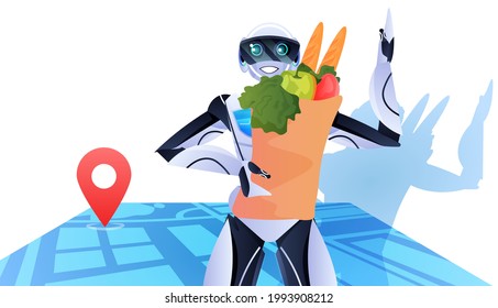 robot holding shopping bag with groceries modern robotic character artificial intelligence concept