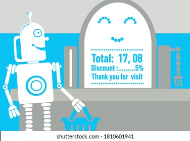 Robot holding shopping basket near automated cash desk in store. RPA in retail trade. Vector format. 