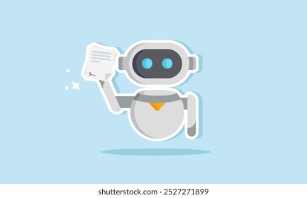 A robot is holding and showing a signed agreement document, illustrating the company's agreement to use AI to enhance performance.