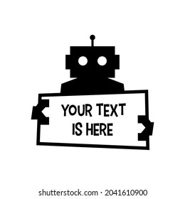 robot holding text sign paper cyborg automatic logo vector icon illustration