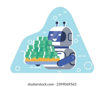 Robot sostiene una bandeja de dinero. Tecnología de inteligencia artificial para ganar dinero. Los billetes en dólares se acumulan. androide futurista. Depósito financiero. Comercio electrónico