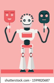 A robot is holding two false face: angry one and smiley one, trying to be someone else. How artificial intelligence could betray us and will help defrauders or cyber criminals