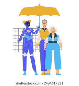 Robot que sostiene un paraguas para una pareja de ancianos, simbolizando el papel de la tecnología y la IA en el cuidado y la protección de las personas mayores. Ideal para temas de cuidado de personas mayores, innovación y Asistencia.
