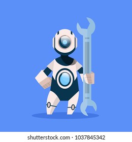 Robot Holding Wrench Cyborg Isolated On Blue Background Concept Modern Artificial Intelligence Technology Flat Vector Illustration