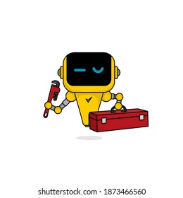 Robot holding a wrench and a toolbox vector illustration. Good template for Garage mascot design.
