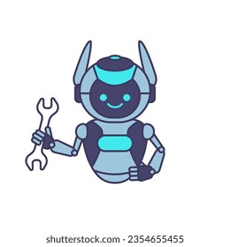 Robot holding wrench vector illustration. Robot character pose illustration
