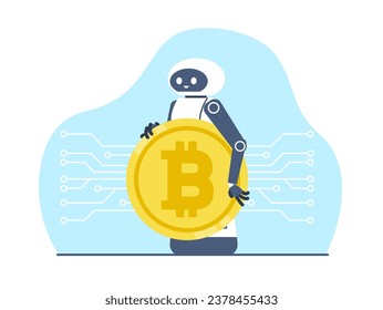 Robot holds bitcoin, cryptocurrency. Money mining passive income earnings artificial intelligence. Crypto currency trading bot. Financial ai. Cartoon flat style isolated vector concept