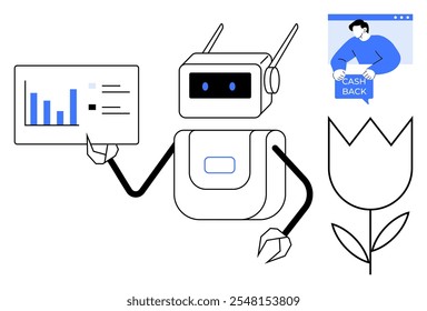 A robot holds a chart showcasing data. A person is seen in a pop-up window with the words cash back. A flower is also visible. Ideal for business marketing, technology, finance, eco-friendly themes