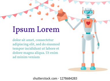 The robot  holds an envelope with a heart, congratulations on Valentine's day. Vector flat illustration