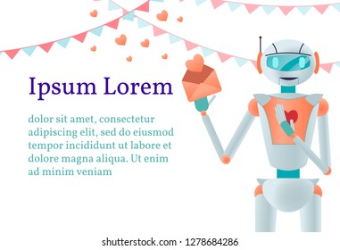 The robot  holds an envelope with a heart, congratulations on Valentine's day. Vector flat illustration