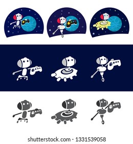 The robot holds the game console. Different poses android. Flying object in space. Stars and planets. Technology in the gaming industry. Character for corporate identity. Icon. Vector illustration.