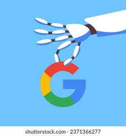 The robot holds the Google logo. Flat vector illustration for AI technology.