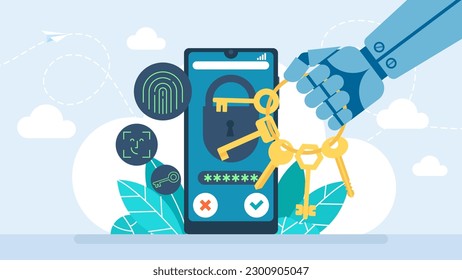 The robot holds the keys in his hand. Data protection on mobile. Protect your personal data on your cell phone. Protection of AI. Lock your data with your fingerprint, face scan. Vector illustration