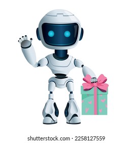 robot holds a large gift box with a bow and waves his hand