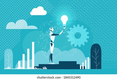 Robot holds up light bulb as symbol of finding solution. solving the problems. Artificial intelligence concept illustration 
