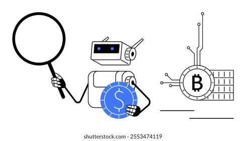 Robot holds a magnifying glass and a coin symbol, examining a large digital Bitcoin connected by circuit lines. Ideal for technology, artificial intelligence, cryptocurrency, financial analysis