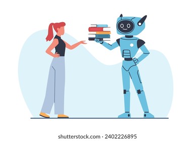 Robot holds out stack of books to girl. Artificial intelligence chooses literature. Learning process. Education technology, automation algorithm cartoon flat isolated vector concept