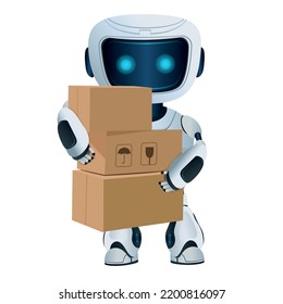 The robot holds a set of cardboard boxes