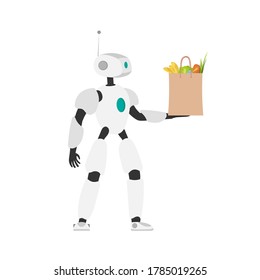The robot holds a shopping bag in its hands. Future delivery concept. Online shopping. Isolated. Vector.
