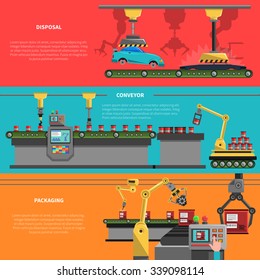 Robot horizontal banners set with disposal conveyor and packaging symbols flat isolated vector illustration 