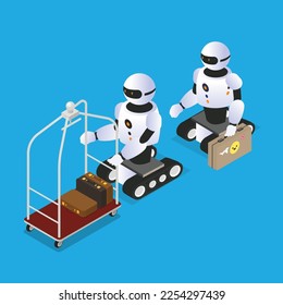 Robot hotel bellhop with luggage cart carrying suitcase 3d isometric vector illustration concept for banner, website, landing page, ads, flyer template