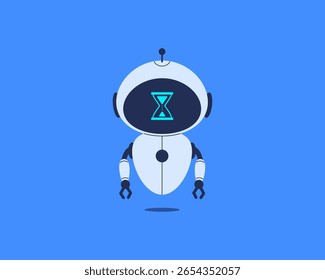 Robô com ampulheta simbolizando a espera ou o carregamento. Ilustração vetorial para o processo de IA, atraso de chatbot, atualização do sistema