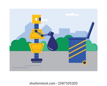 Robot housemaid is throwing out the trash, modern technology. Design character. Vector flat illustration