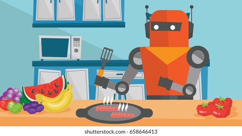 Ama de casa robótica preparando el desayuno en la cocina. Pobot ama de casa comiendo huevo frito en la cocina. Ama de casa robótica con espátula de cocina y huevo para cocinar. Ilustración de diseño plano vectorial. Diseño horizontal