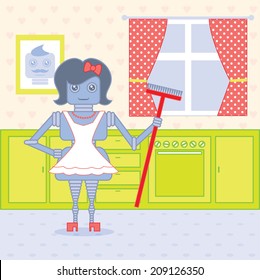 robot housewife standing in the kitchen ready to work