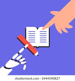 Robot and human arm, deep in thought, makes notes in a book. Copywriter or blogger, creative idea and inspiration. Imagination for success at work. Talent and skills concept. Flat vector illustration.