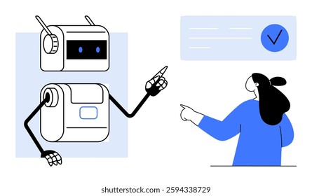 A robot and a human both pointing at a checklist. Both figures appear engaged in a collaborative task. Ideal for technology, teamwork, AI integration, automation, and future tech advancements. Modern