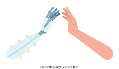 Robot and human clapping each other hands semi flat color vector characters. Collaboration. Editable body parts on white. Simple cartoon style spot illustration for web graphic design and animation